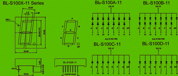1.00 inch single seven segment led display circuit and dimension diagram 7 Segment LED - single digit 1.0 inch -semiconductor devices dimensional drawing