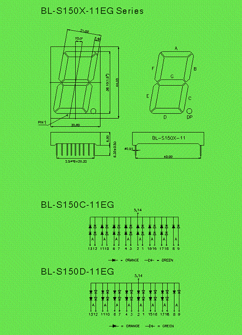 single digit LED 1.5 inch bicolor circuit and dimension diagram LED 7 segment display | bi-color | multi-color dimensional drawing