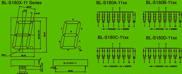 1.80 inch single seven segment led display, bi-color circuit and dimension diagram electronic component suppliers | bi-color LED display dimensional drawing