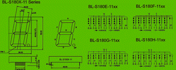 1.80 inch single seven segment led display, bi-color circuit and dimension diagram led manufacturer | single digit 1.8 inch dimensional drawing