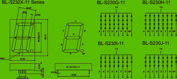 2.30 inch single seven segment led display, bi-color circuit and dimension diagram electronics components | LED display | single digit 2.3 inch dimensional drawing