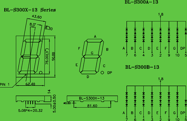 3.00 inch seven segment LED 1 digit circuit and dimension diagram 3 inch single digit | seven segment display dimensional drawing