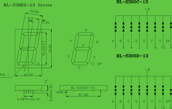 3.00 inch seven segment LED 1 digit circuit and dimension diagram 7 segment LED display | 3 inch dimensional drawing