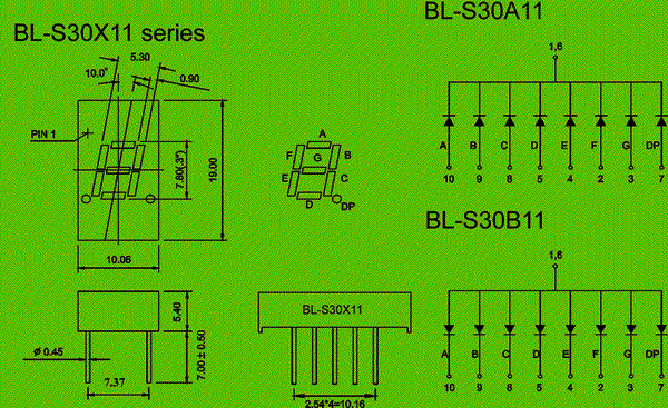 0.30 inch single seven segment led display circuit and dimension diagram LED components | 0.3 inch single digit dimensional drawing