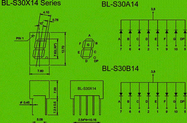 0.30 inch single seven segment led display circuit and dimension diagram LED components | 7 segment LED display 0.3 inch dimensional drawing