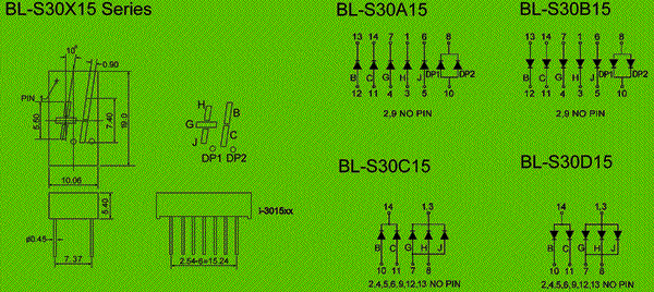 0.30 inch single seven segment led display circuit and dimension diagram 7 segment led | single digit 0.3 inch | green color dimensional drawing