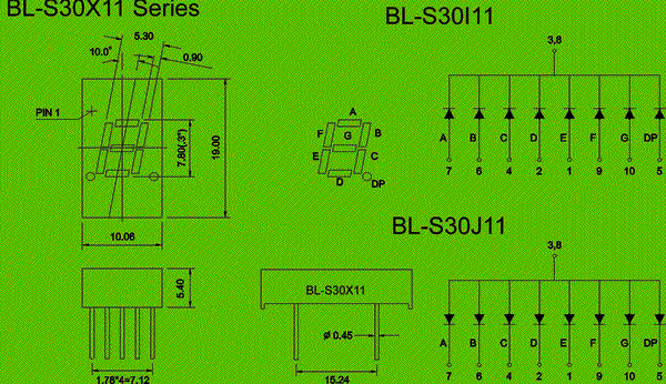 0.30 inch single seven segment led display circuit and dimension diagram 7 segment led | single digit 0.3 inch | red color dimensional drawing