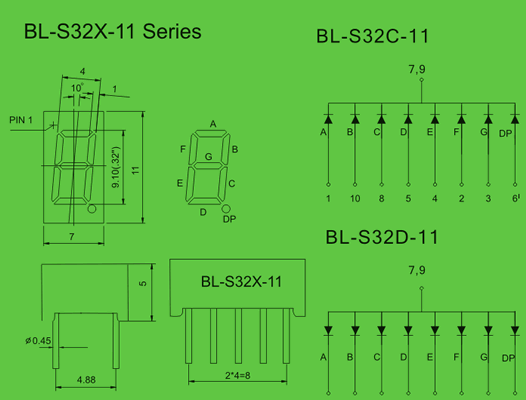 LED 7 segment display 0.32 inch circuit and dimension diagram 7 segment display | single digit | 0.32 inch dimensional drawing