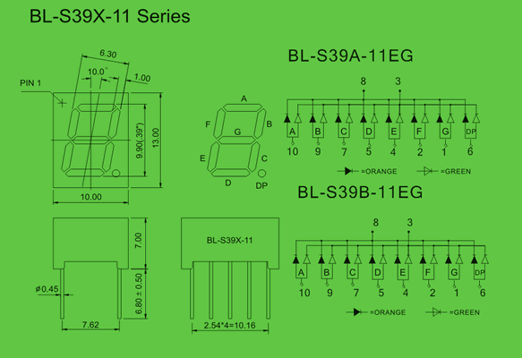 single digit bicolor display 0.39 numeric LED display | 0.39 inch bicolor dimensional drawing