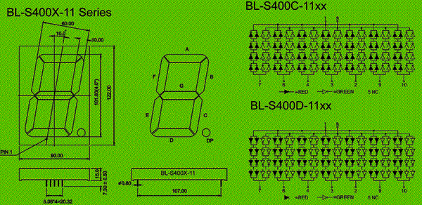 4.00 inch single seven segment led display, bi-color circuit and dimension diagram LED products - LED display -Single digit - 4.0 inch bicolor dimensional drawing