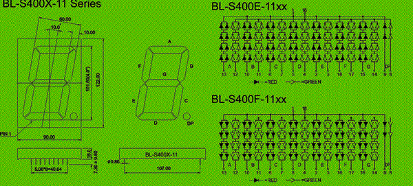 4.00 inch single seven segment led display, bi-color circuit and dimension diagram optoelectronics - LED display -Single digit - 4.0 inch bicolor dimensional drawing