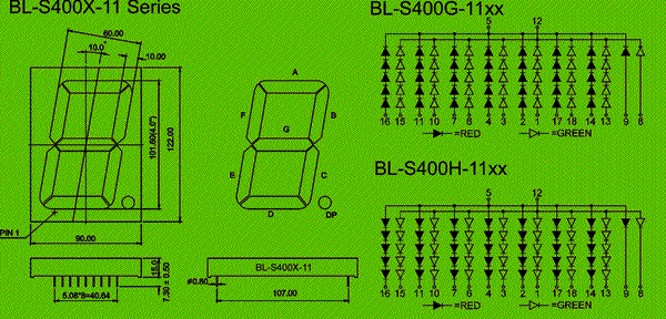 4.00 inch single seven segment led display, bi-color circuit and dimension diagram single digit led | 7 segment display | 4.0 inch bicolor dimensional drawing