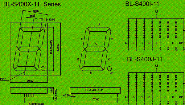 4.00 inch single seven segment led display, bi-color circuit and dimension diagram 7 segment display | 4.0 inch dimensional drawing