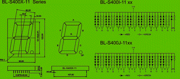 4.00 inch single seven segment led display, bi-color circuit and dimension diagram 7 segment display | 4.0 inch bicolor dimensional drawing