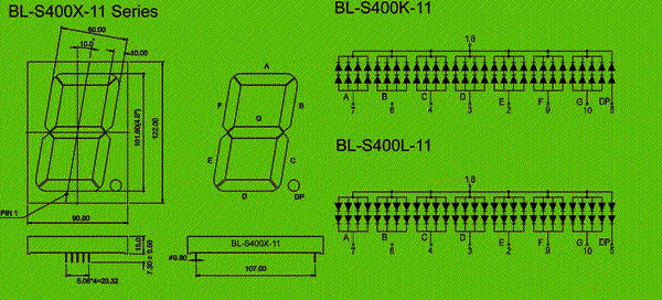 4.00 inch single seven segment led display, bi-color circuit and dimension diagram 7 segment LED display | 4.0 inch dimensional drawing