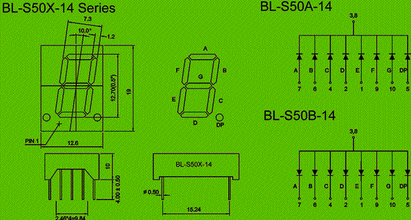 0.52 inch single seven segment led display circuit and dimension diagram seven segment display | 0.5 inch dimensional drawing