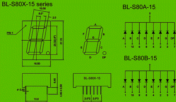 0.80 inch single seven segment led display circuit and dimension diagram 7 Segment Display | LED supplier | 0.8 inch digit dimensional drawing