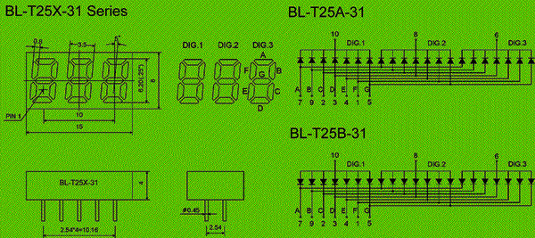0.25 inch three seven segment led display circuit and dimension diagram 3 digit led display dimensional drawing