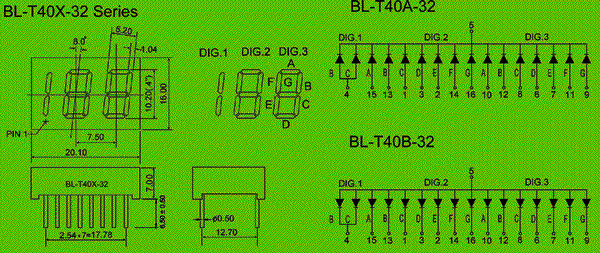 0.40 inch three seven segment led display circuit and dimension diagram LED products | three digit LED | 0.40 inch dimensional drawing