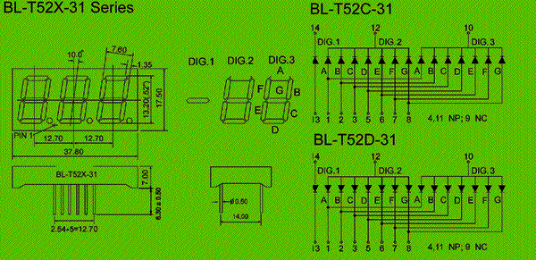 0.52 inch three seven segment led display circuit and dimension diagram 7 Segment LED - three digit - 0.52 inch dimensional drawing