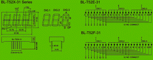 0.52 inch three seven segment led display circuit and dimension diagram led numeric display - three digit - 0.52 inch dimensional drawing