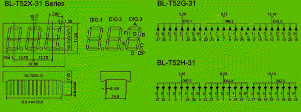 0.52 inch three seven segment led display circuit and dimension diagram LED Display - three digit - 0.52 inch dimensional drawing