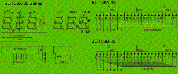 0.56 inch three seven segment led display circuit and dimension diagram 7-Segment Through-Hole Display-Three Digit dimensional drawing