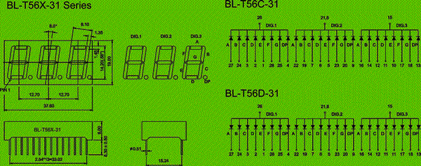 0.56 inch three seven segment led display circuit and dimension diagram 7-Segment Through-Hole Display 0.56 inch dimensional drawing
