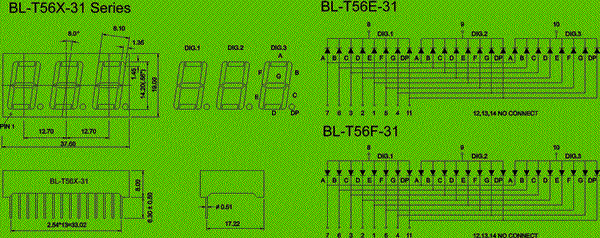0.56 inch three seven segment led display circuit and dimension diagram 7-Segment Through-Hole Display three digit dimensional drawing