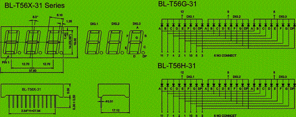 0.56 inch three seven segment led display circuit and dimension diagram Three Digit 7-Segment Through-Hole Display 0.56 inch dimensional drawing