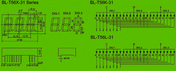 0.56 inch three seven segment led display circuit and dimension diagram 7 Segment LED - three digit - 0.56 inch white blue dimensional drawing