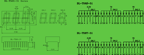 0.56 inch display 3 digit circuit and dimension diagram 7 segment LED | 0.56 inch | white color dimensional drawing