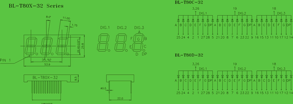 7 segment LED display 3 digit 0.8 inch circuit and dimension diagram 7 segment LED display | indicator dimensional drawing