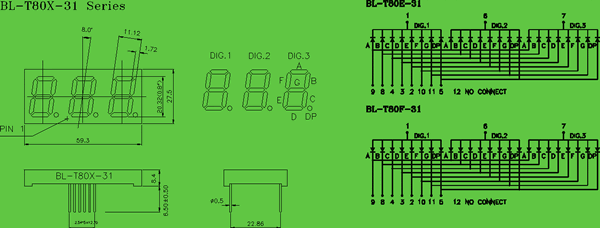0.8 inch LED display circuit and dimension diagram 3 digit display | LED 7 segment | 0.8