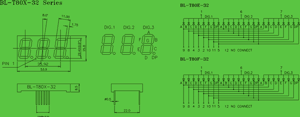 0.8 inch 3 digit display circuit and dimension diagram 3 digit display | 0.8 inch LED dimensional drawing