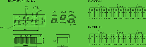 0.8 inch 3 digit LED seven segment circuit and dimension diagram LED display 0.8 inch | 3 digit display dimensional drawing